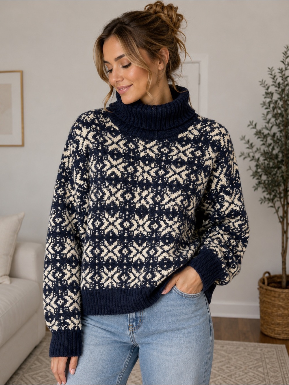 Zara Large Navy Cream Fair Isle Nordic Turtleneck Sweater Cozy Winter Knit
